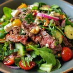 Close-up view of a colorful low-carb beef salad featuring mixed greens and vegetables.