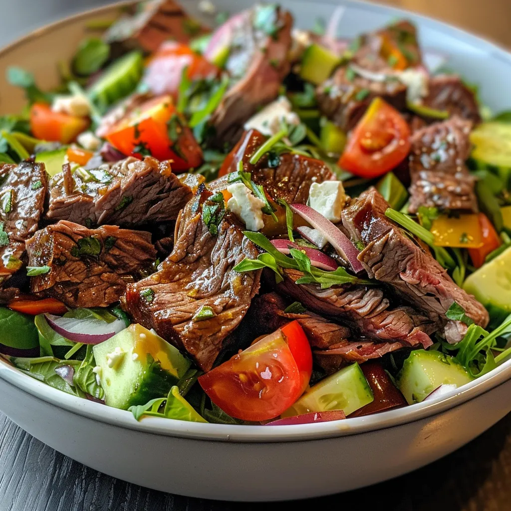 Juicy beef salad arranged with vibrant vegetables like cherry tomatoes, cucumbers, and greens.