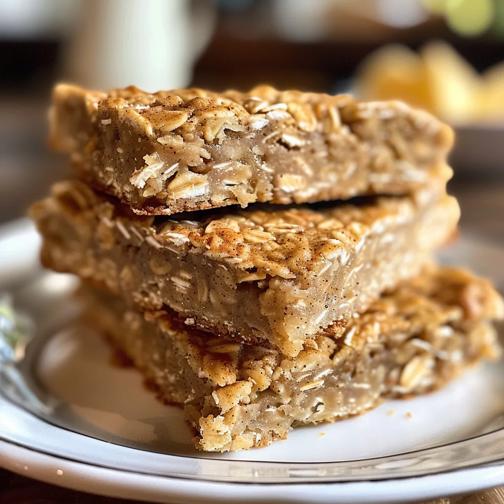 Side view of delicious oatmeal bars on a wooden surface.