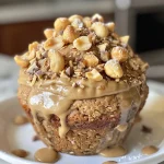 Close-up view of a healthy peanut butter banana muffin with a golden brown top.