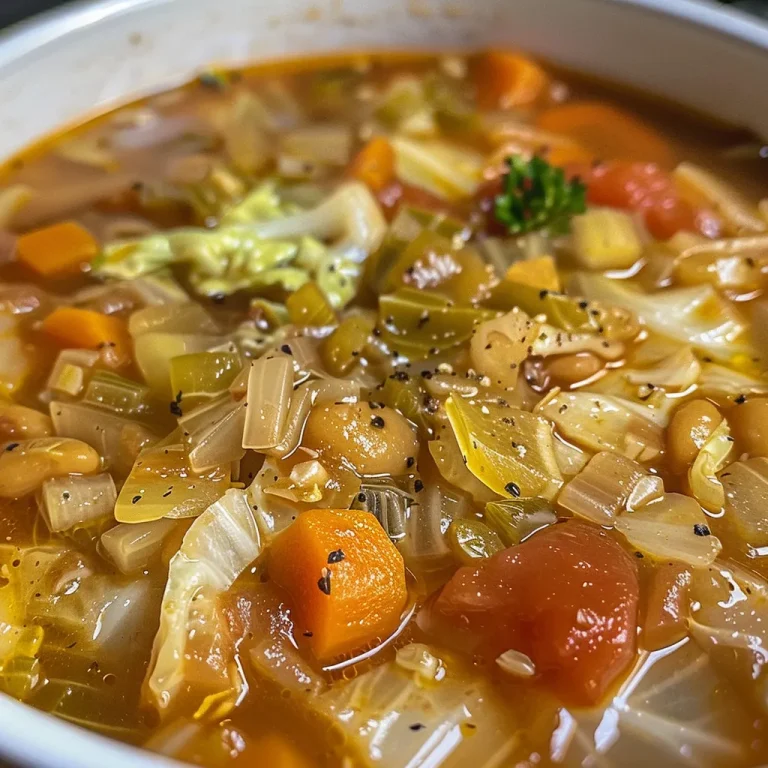 Close-up view of a colorful bowl of Hearty Cabbage Detox Soup with vibrant vegetables.