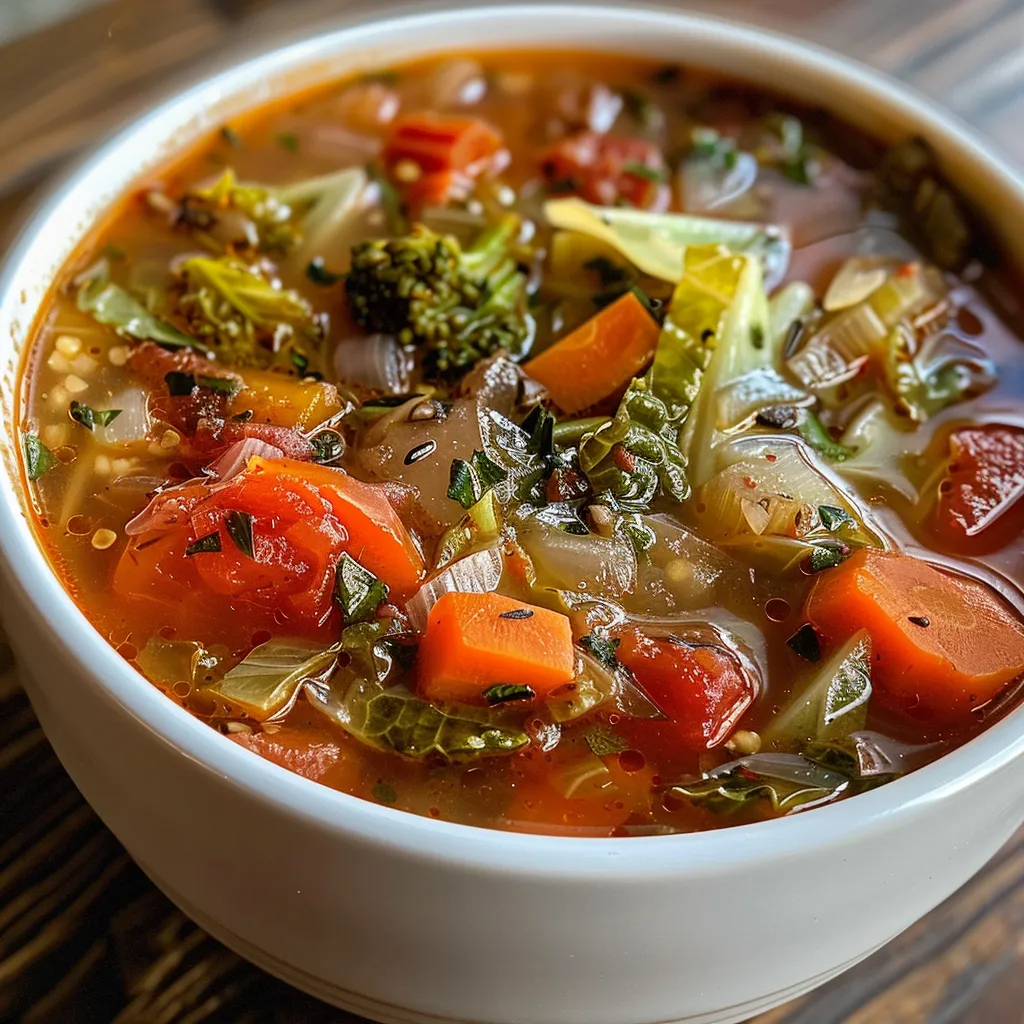 Side angle of steaming Hearty Cabbage Detox Soup showcasing fresh cabbage and herbs.