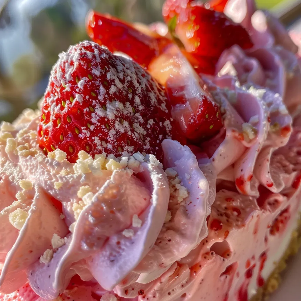 Side view of a light pink strawberry mousse in a glass dish, accompanied by whole strawberries.