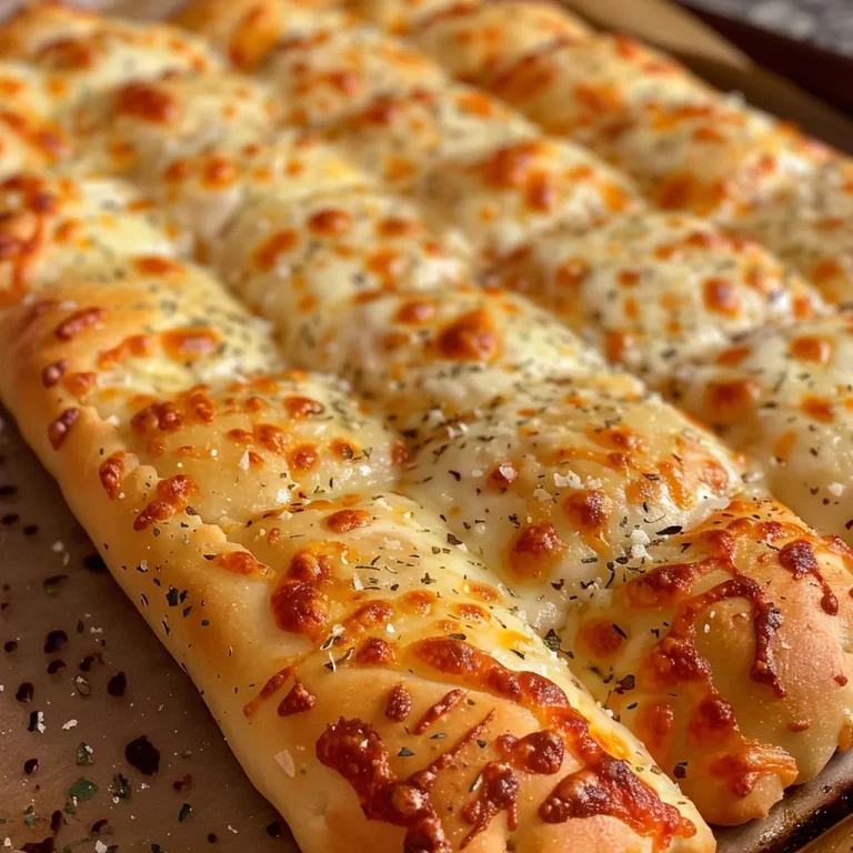 Close-up of homemade cheesy breadsticks, golden and bubbly, served with spaghetti sauce.