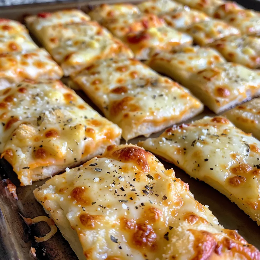 Side view of freshly baked cheesy breadsticks with melted cheese on top, garnished with herbs.