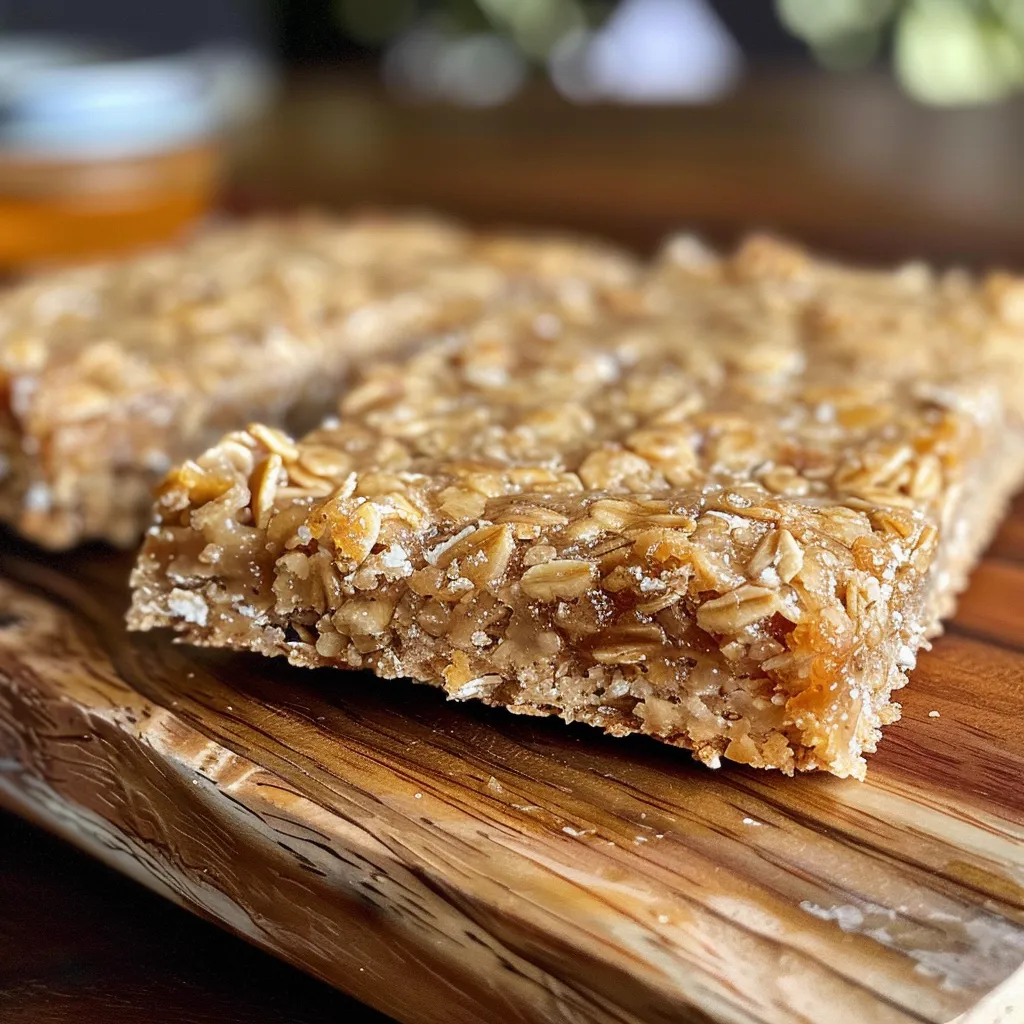 Close-up of chewy Honey Coconut Oat Bars showcasing layers of oats and coconut.