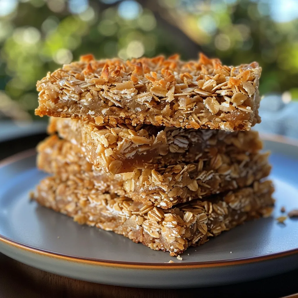 Side view of a cluster of Honey Coconut Oat Bars with a golden brown crust.