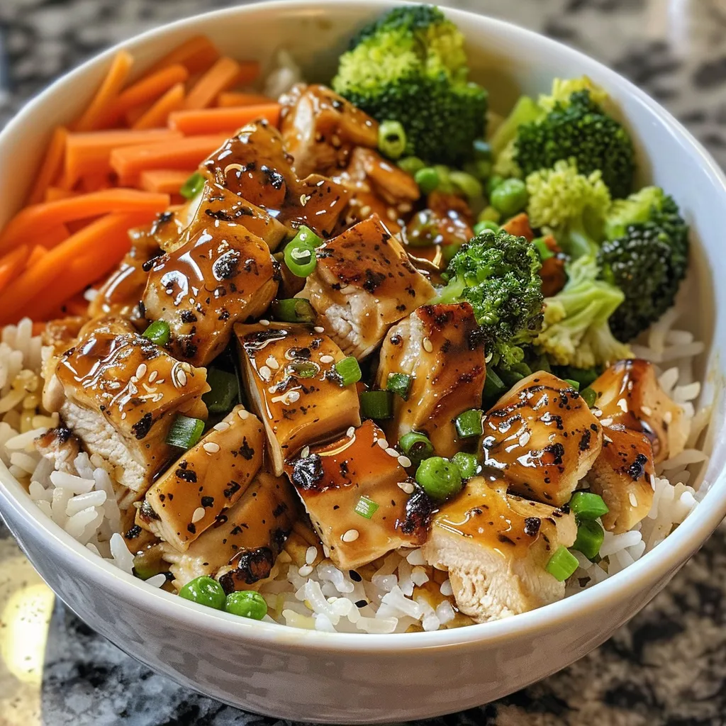 Side angle photo of a delicious Honey Mustard Chicken Rice Bowl featuring diced chicken and broccoli.