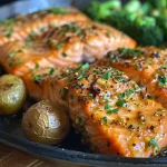 Juicy Honey Mustard Salmon fillets garnished with parsley and served with potatoes and broccoli.