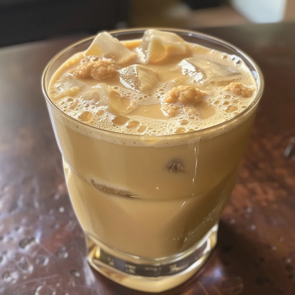 Iced honey latte in a clear glass filled with ice and garnished with honey.