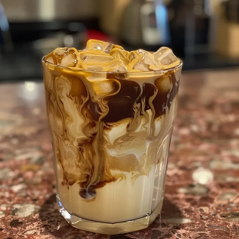 Sip into Bliss Crafting the Perfect Iced Vanilla Latte to Brighten Your Day Close-up side view of a frosty iced vanilla latte in a clear glass.