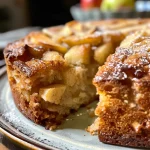 Close-up view of a slice of Irish Apple Cake topped with custard.