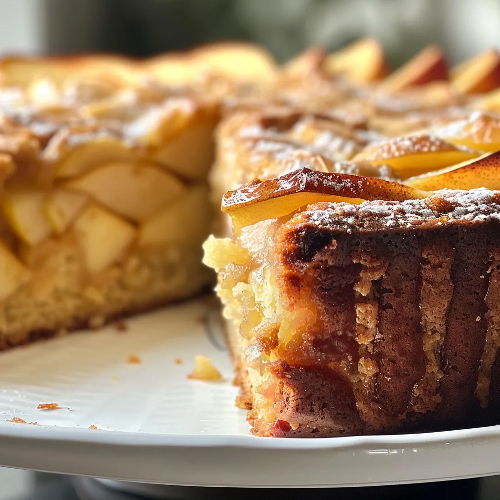 Side profile of a moist Irish Apple Cake with visible apple chunks and a drizzle of custard.