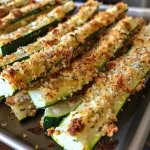 Close-up shot of crispy Keto Baked Parmesan Zucchini Fries on a plate.