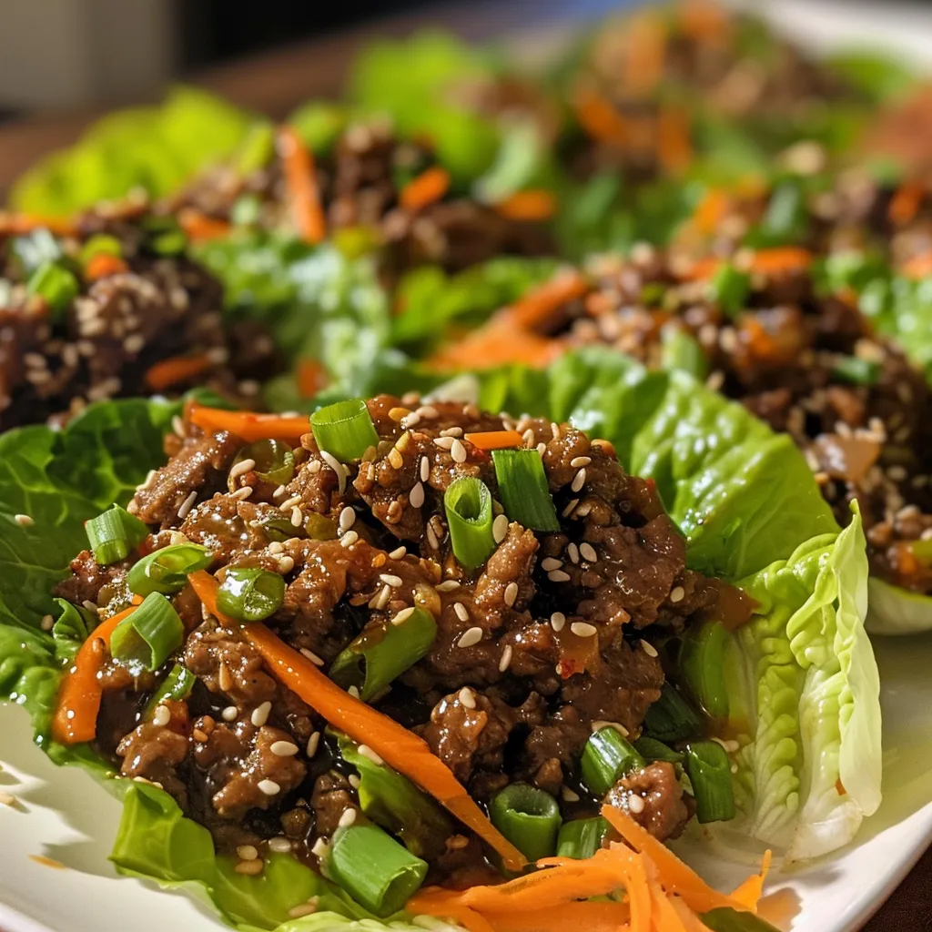 Close-up of colorful Korean beef lettuce wraps with garnishes.