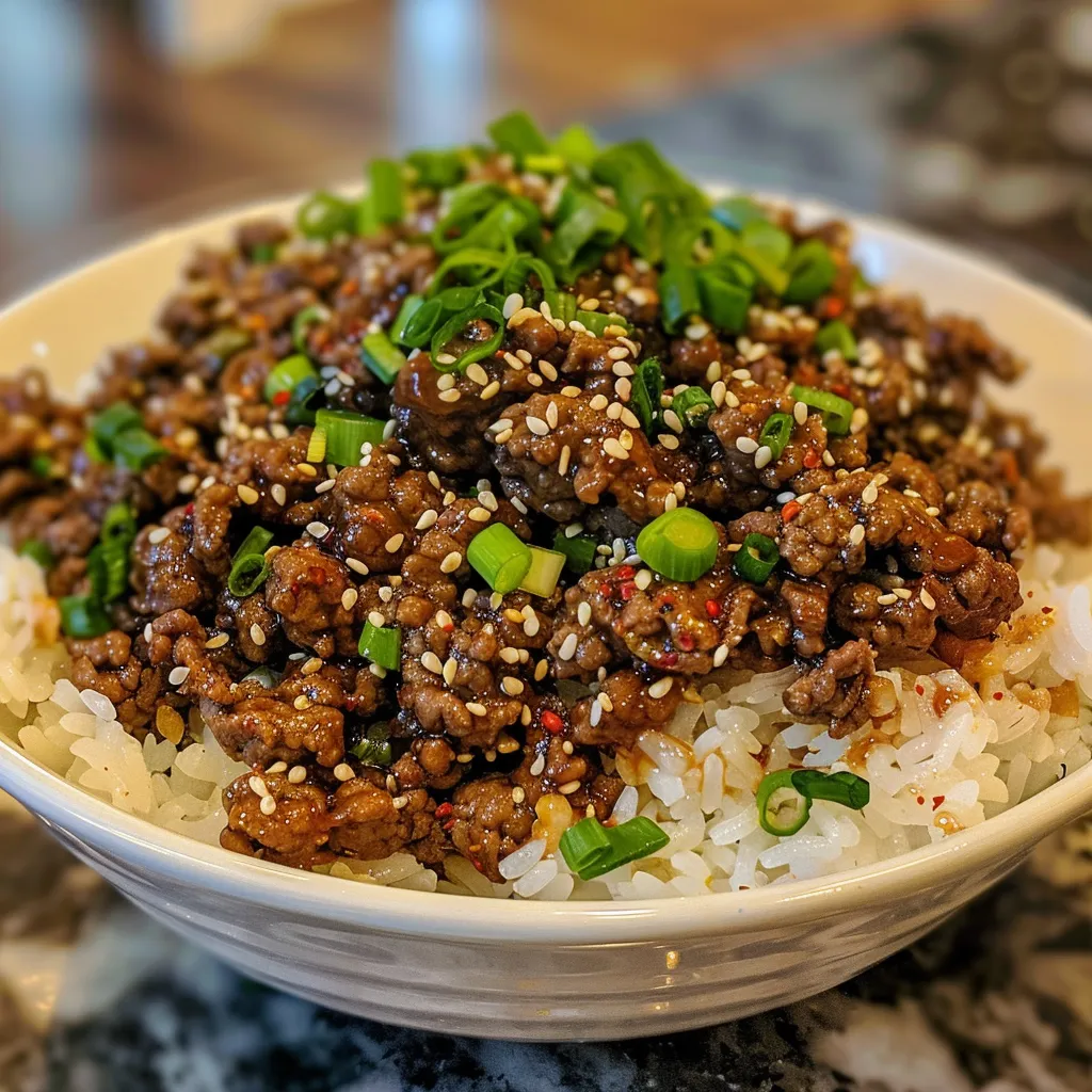 Juicy Korean Ground Beef Bowl served over white rice, garnished with sliced green onions.