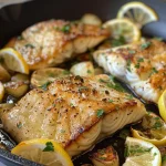 A close-up view of a skillet filled with juicy lemon butter cod, garnished with parsley and lemon slices.