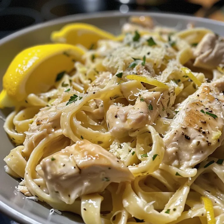 A close-up view of Lemon Chicken Pasta with chicken, pasta, and lemon slices.