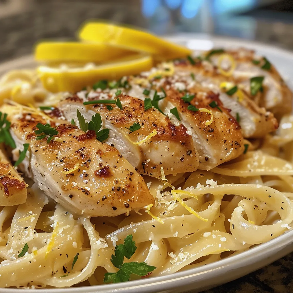 Juicy Lemon Chicken Pasta with creamy sauce, garnished with parsley and lemon slices.