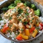 A close-up side view of a Lemon Cream Chicken Bowl featuring rice and colorful roasted vegetables.
