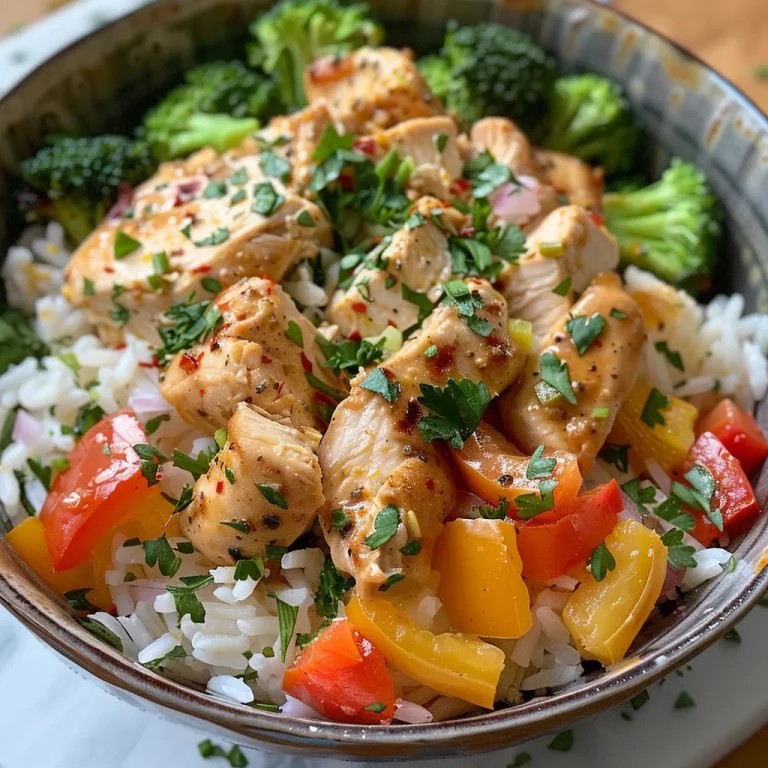 A close-up side view of a Lemon Cream Chicken Bowl featuring rice and colorful roasted vegetables.