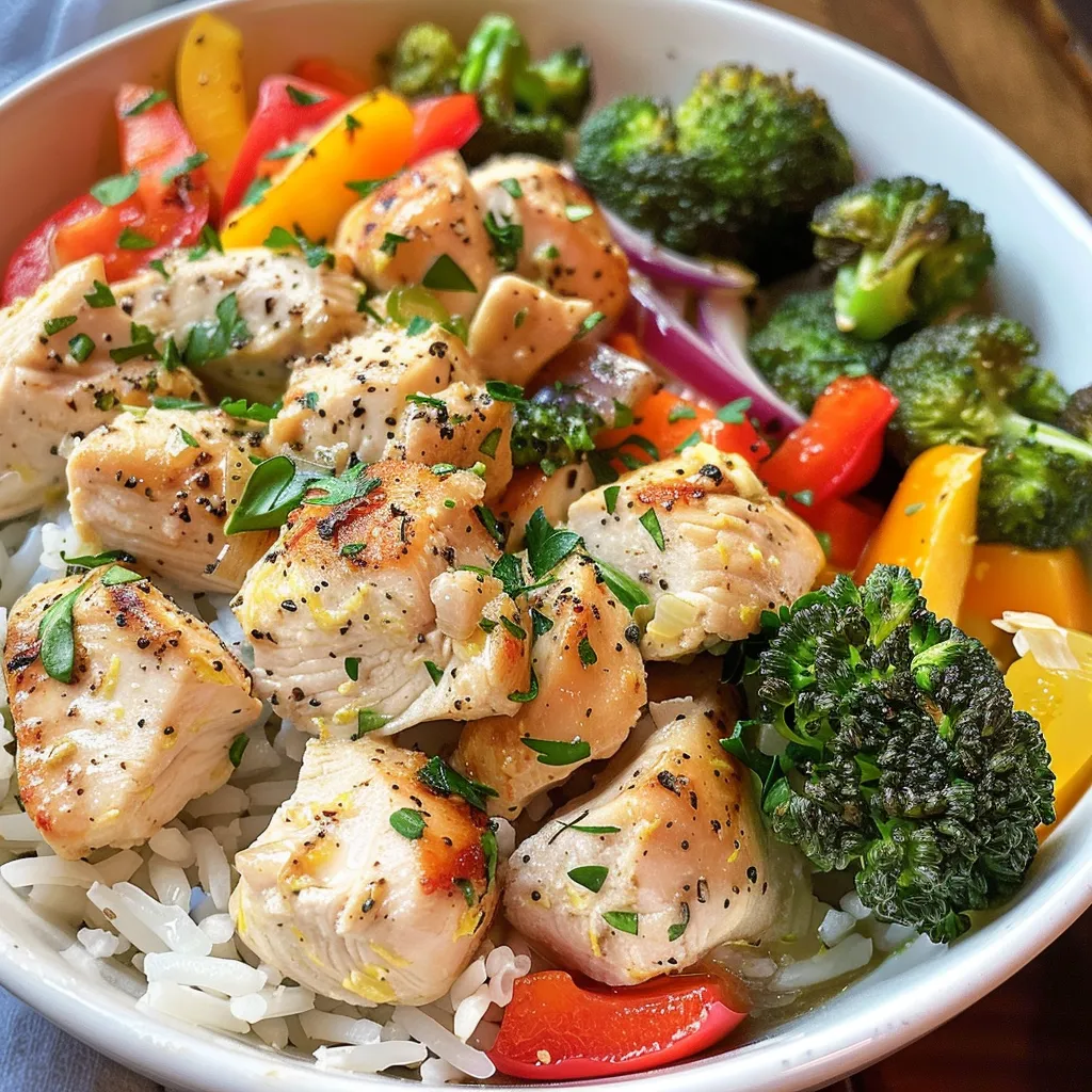 Juicy Lemon Cream Chicken Bowl with rice, broccoli, and bell peppers displayed in a vibrant arrangement.
