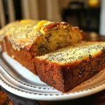 Close-up side view of a glazed lemon poppy seed loaf cake with a shiny glaze.