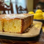 Close-up side view of a glazed lemon pound cake loaf with a shiny lemon glaze.