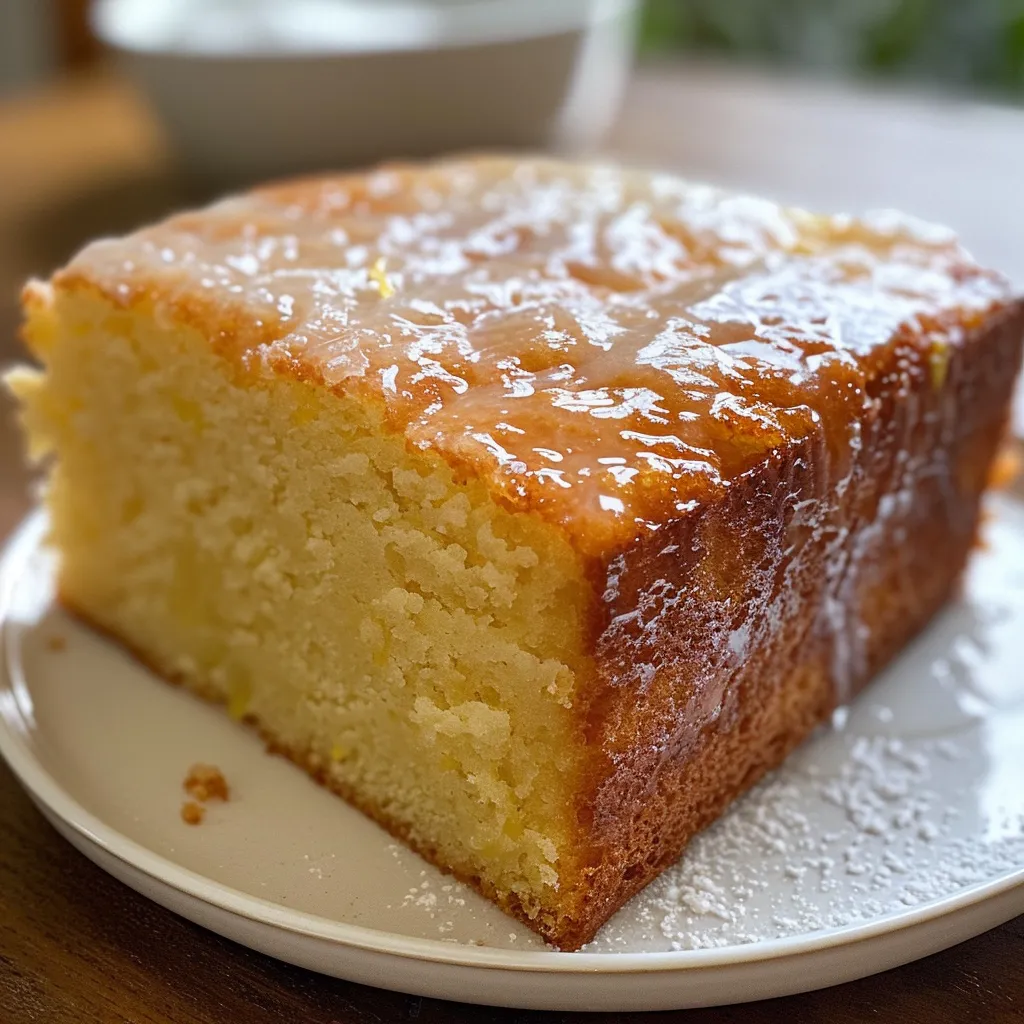 Juicy lemon pound cake loaf with a glossy glaze, showcasing moist texture and lemon zest.