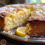 Close-up side view of a moist lemon yoghurt cake topped with glaze and lemon zest.
