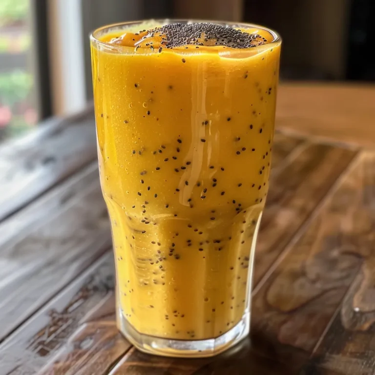 Sip the Sunshine A Mango Chia Smoothie to Brighten Your Day Close-up view of a vibrant mango chia smoothie in a glass.