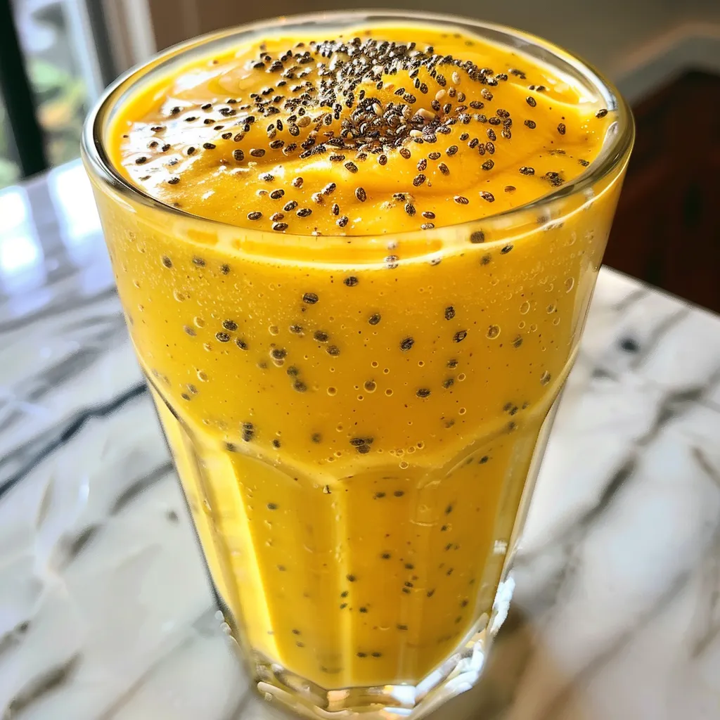 Side view of a creamy mango smoothie with chia seeds on the surface.