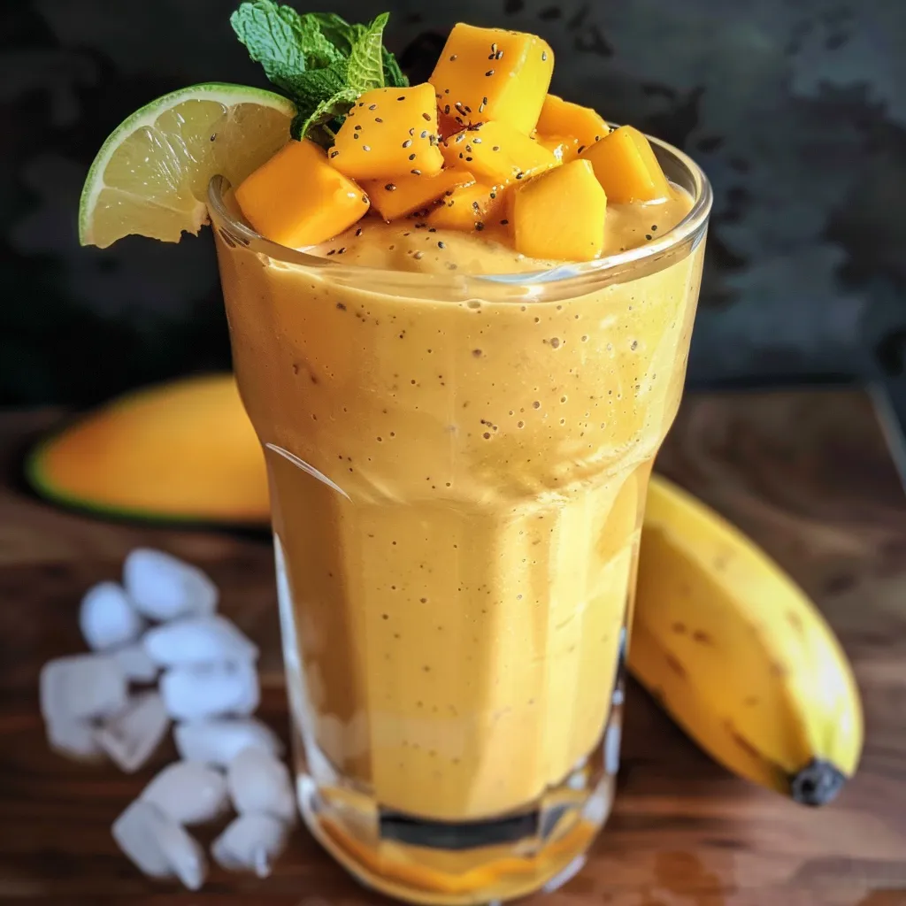 Side view shot of a delicious mango smoothie, showcasing its thick texture and bright orange color.
