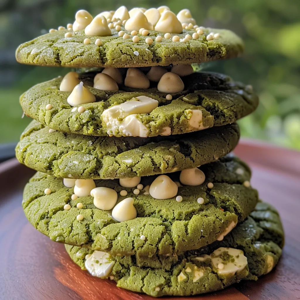 Side view of freshly baked green Matcha cookies with white chocolate chunks.