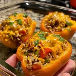 Close-up of juicy Mexican stuffed peppers filled with beef, rice, and cheese.