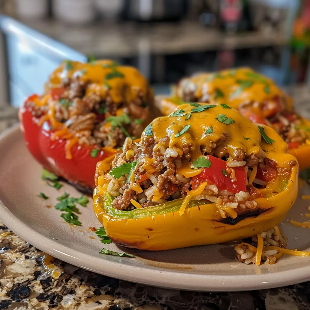 Side view of vibrant stuffed bell peppers topped with melted cheese.