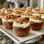 A close-up side view of mini carrot cake cupcakes with cream cheese frosting and toppings.