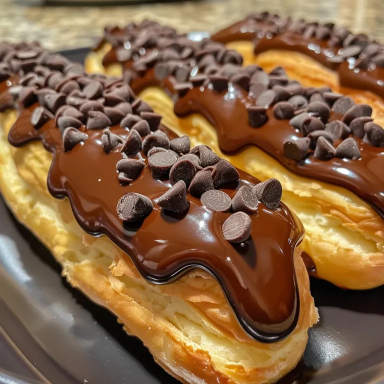 A close-up side view of mini chocolate eclairs topped with glossy chocolate icing.