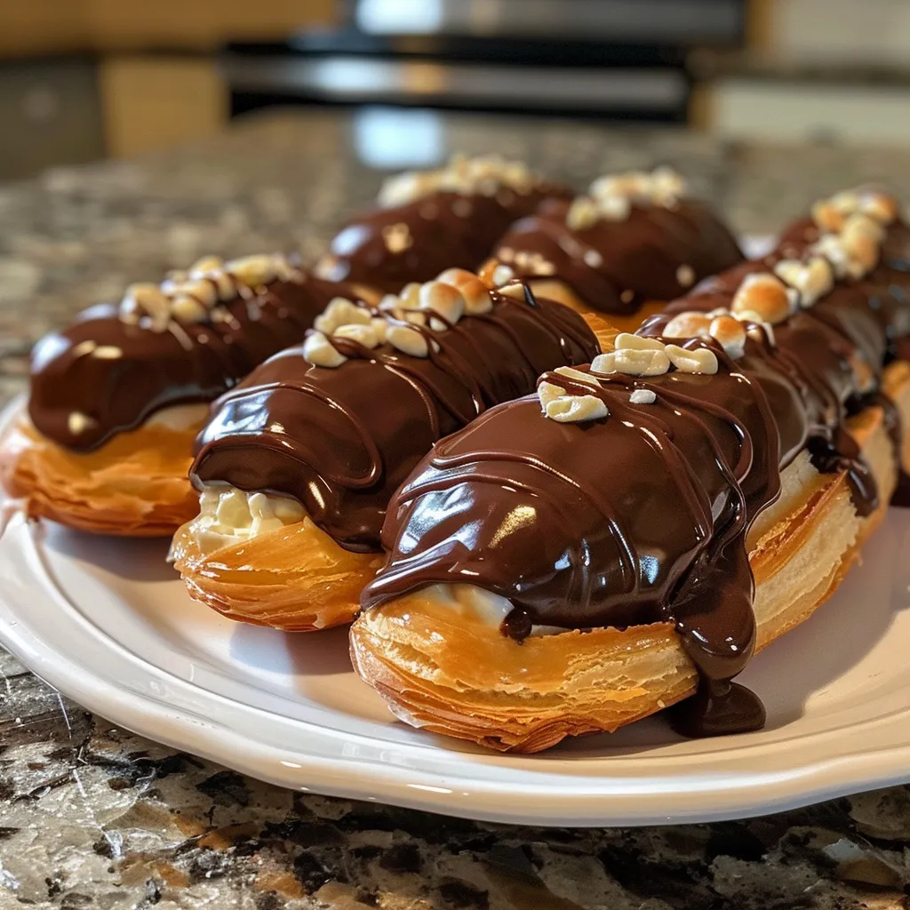 Mini chocolate eclairs arranged beautifully, showcasing their rich chocolate coating.