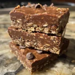 Close-up of No Bake Chocolate Oatmeal Bars, showing a rich, chocolatey texture with oats.