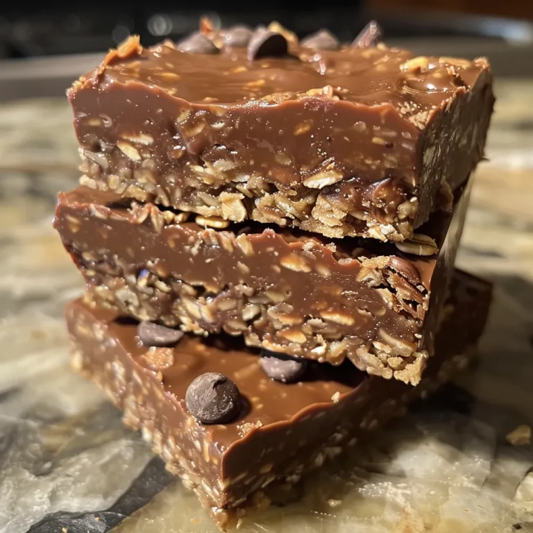Close-up of No Bake Chocolate Oatmeal Bars, showing a rich, chocolatey texture with oats.