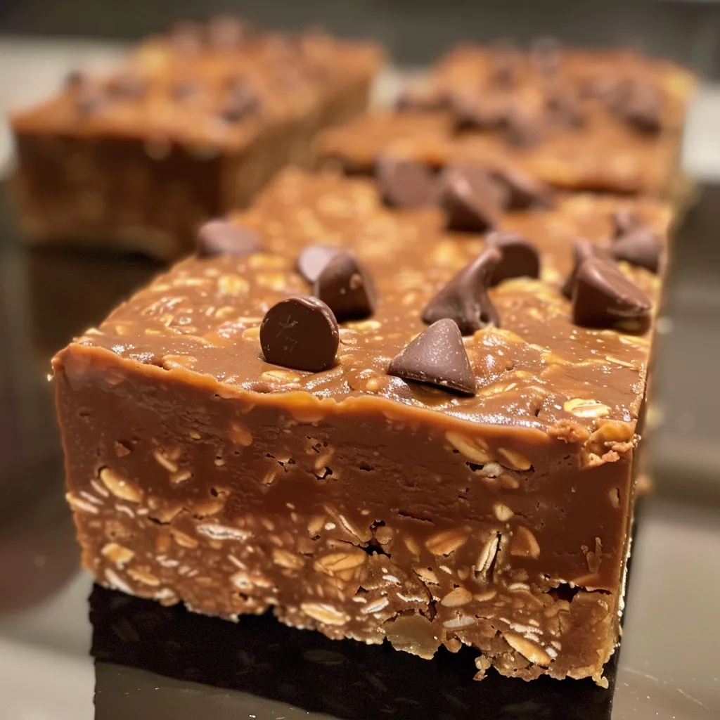 Side view of decadent No Bake Chocolate Oatmeal Bars with visible layers of chocolate and oats.