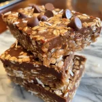 Close-up view of No Bake Coconut Chocolate Oat Bars showing a layered texture.