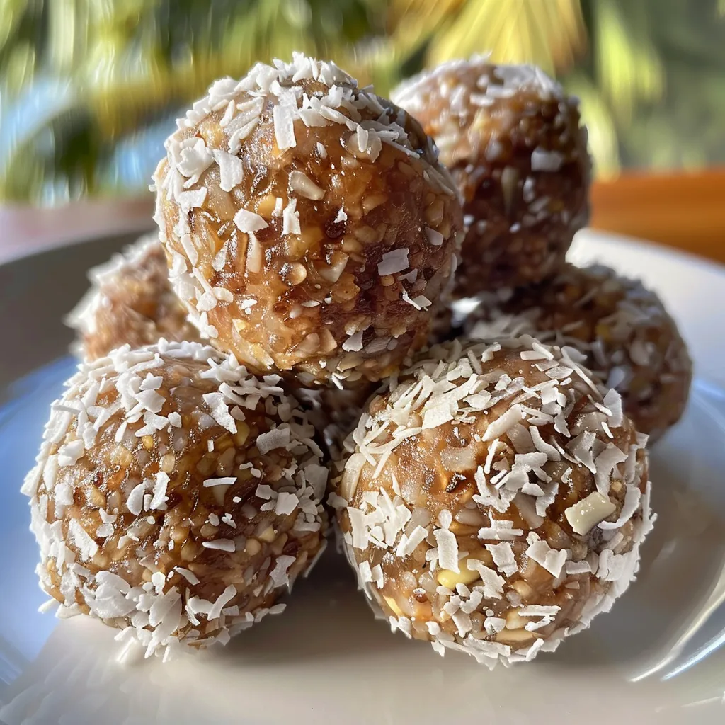 Side view of delicious energy balls made from dates and coconut with a textured surface.