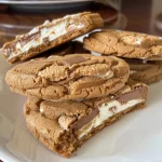 Close-up view of a golden brown NY Style Biscoff cookie, showcasing a chewy texture and visible chocolate chips.