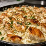 Close-up of creamy chicken Alfredo rice in a skillet, showcasing juicy chicken and cheese.