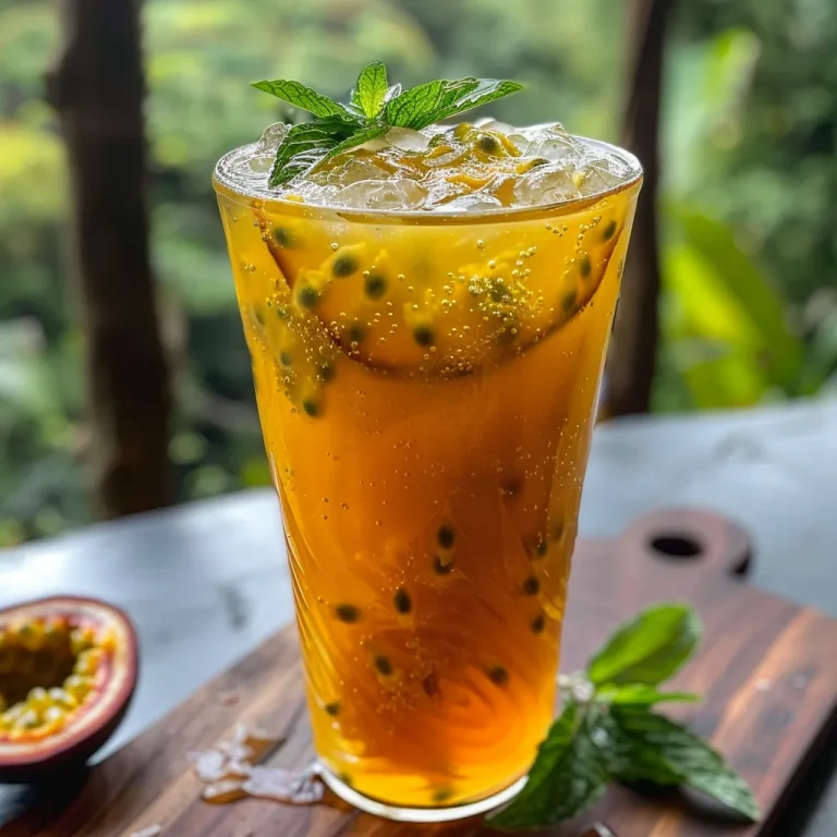 Sipping Sunshine The Passion Fruit Iced Tea That Brightens Every Moment Close-up view of a glass of Passion Fruit Iced Tea with ice and mint.