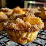 Close-up view of a peach cobbler muffin showing a golden-brown top with peach pieces.
