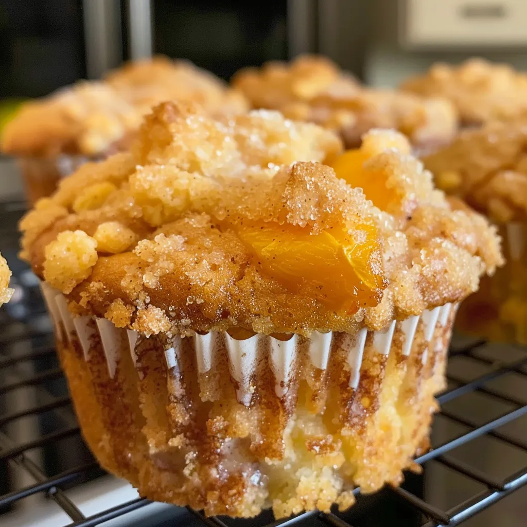 Side view of a freshly baked peach cobbler muffin highlighting its fluffy texture and fruit bits.