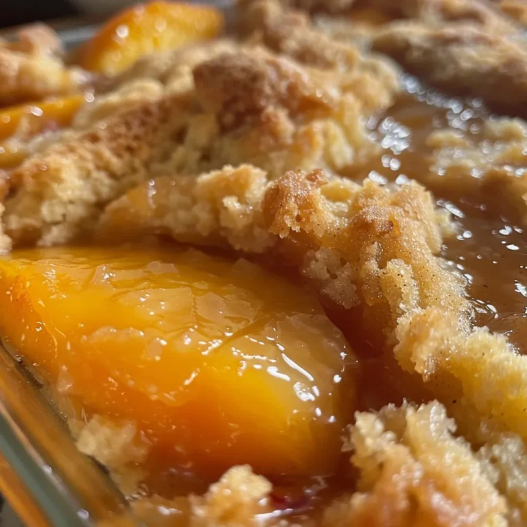 A Slice of Summer Easy Peach Cobbler with Cake Mix That Brings Joy to Every Gathering A close-up side view of delicious Peach Cobbler with Cake Mix, highlighting the peach filling and cake topping.